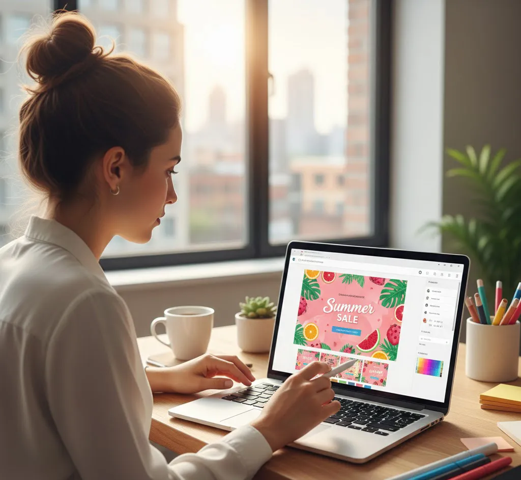 Mujer diseñadora trabajando en su laptop con la interfaz de Canva para crear un anuncio publicitario de rebajas de verano.