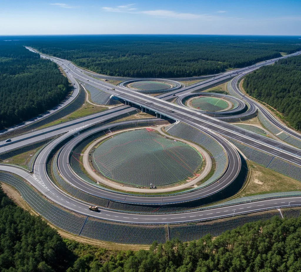 Vista aérea fotorrealista de un complejo intercambio vial moderno rodeado de bosque, mostrando el modelado de taludes con mallas de ingeniería y la integración perfecta de las carreteras con la topografía natural del terreno.