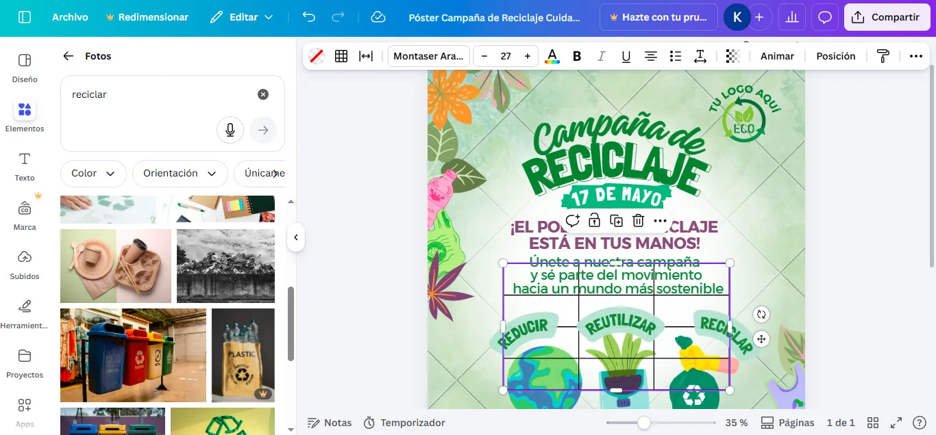  Interfaz de Canva, se aprecia un diseño publicitario limpio en pantalla en pleno desarrollo creativo.