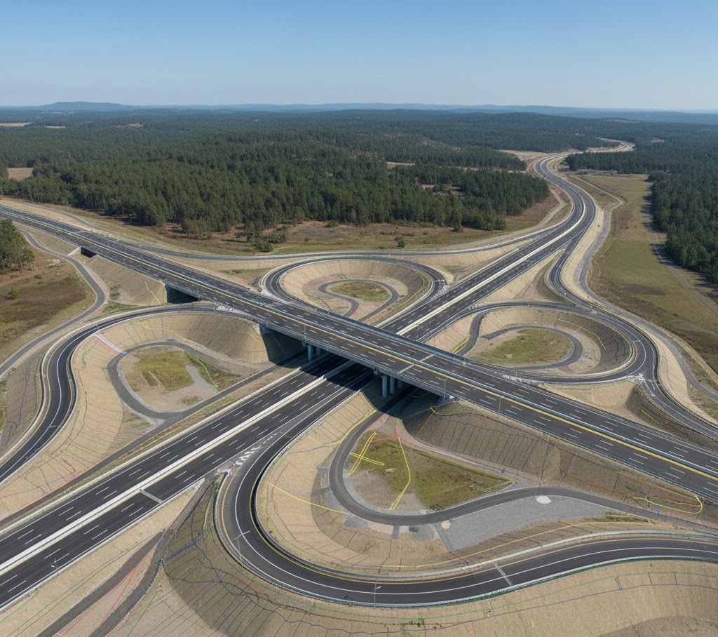  Intersección vial compleja modelada en 3D integrando superficies de proyecto con el terreno natural.