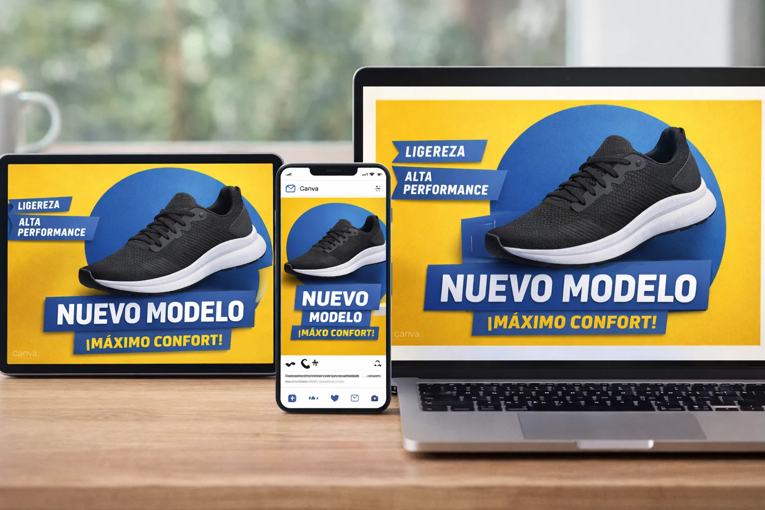 Una tablet, un smartphone y una laptop dispuestos sobre una mesa, cada uno mostrando una versión optimizada del mismo anuncio diseñado en Canva para diferentes formatos de redes sociales.