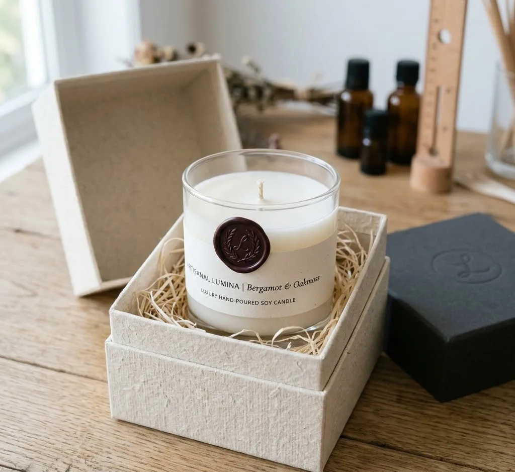 Una vela artesanal de lujo dentro de una caja de cartón texturizado elegante, con etiquetas de diseño minimalista en papel mate y un sello de cera, colocada sobre una mesa de madera rústica.