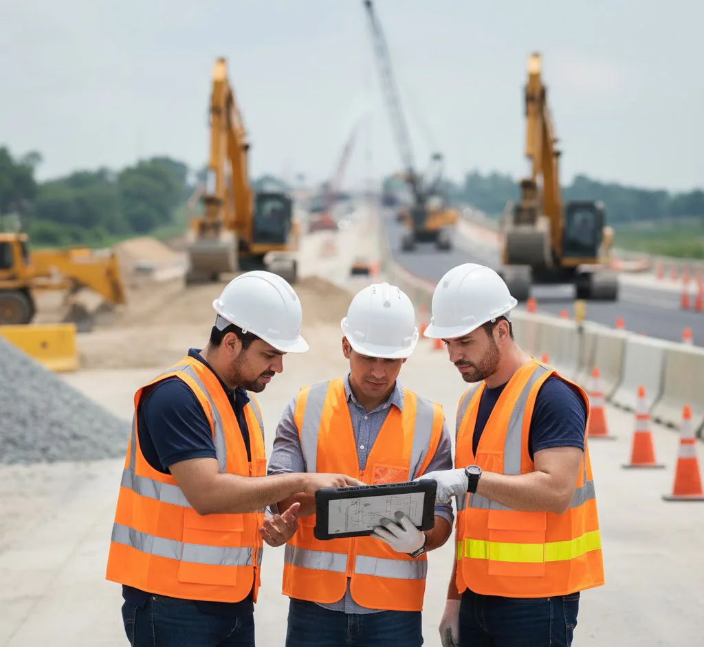 Tres ingenieros con chalecos reflectantes y cascos blancos revisando un plano digital en una tablet robusta en medio de una construcción de autopista real, con maquinaria pesada de fondo desenfocada.