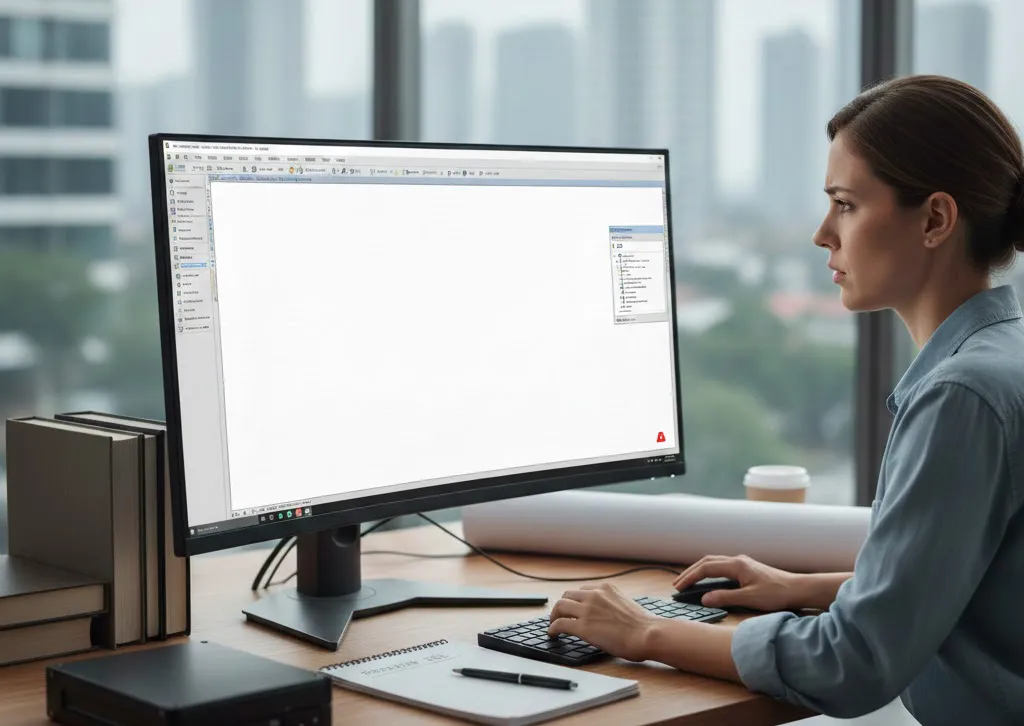Ingeniera frustrada frente a monitor con pantalla blanca en Civil 3D por no usar plantillas DWT profesionales.