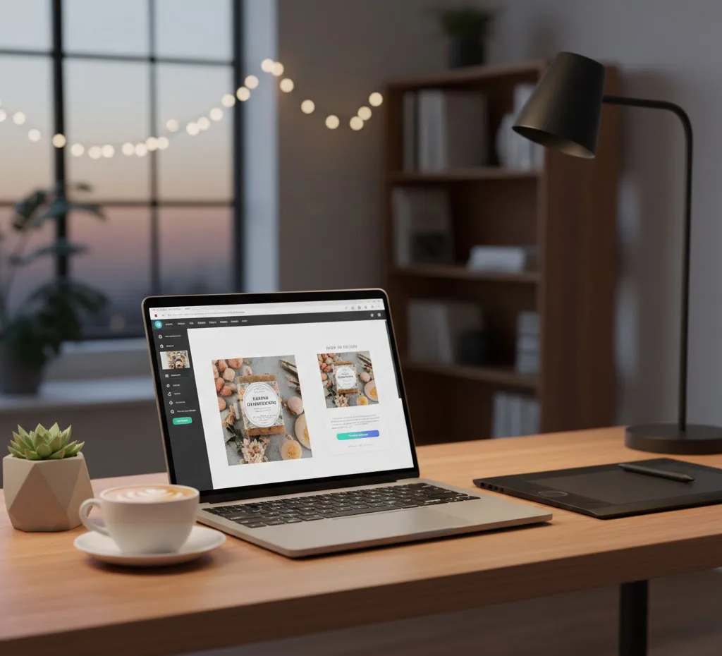 Un escritorio moderno y minimalista donde se observa una laptop con la interfaz de Canva abierta mostrando el diseño de un producto digital artesanal, rodeado de una tableta gráfica y una taza de café en una iluminación cálida de estudio.