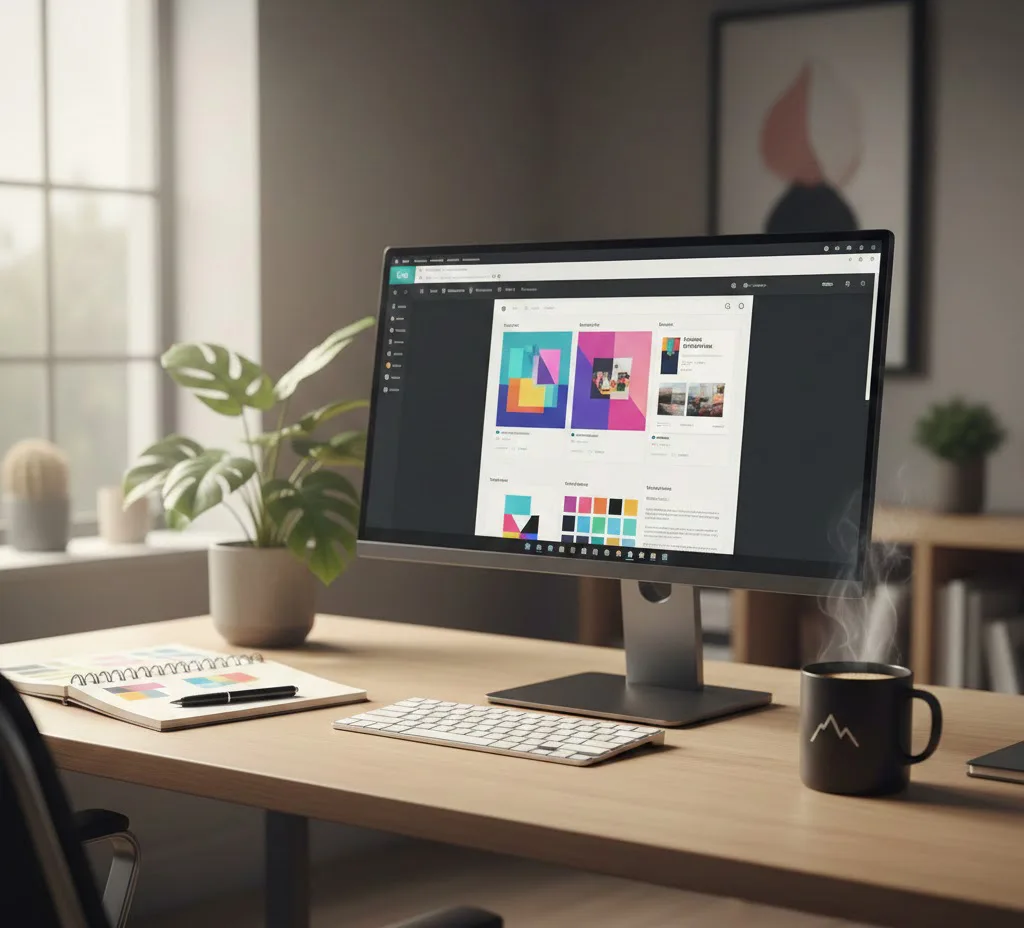 Un escritorio de trabajo moderno con una computadora mostrando la interfaz de Canva, una libreta de bocetos y una taza de café, representando un entorno de aprendizaje profesional y organizado.