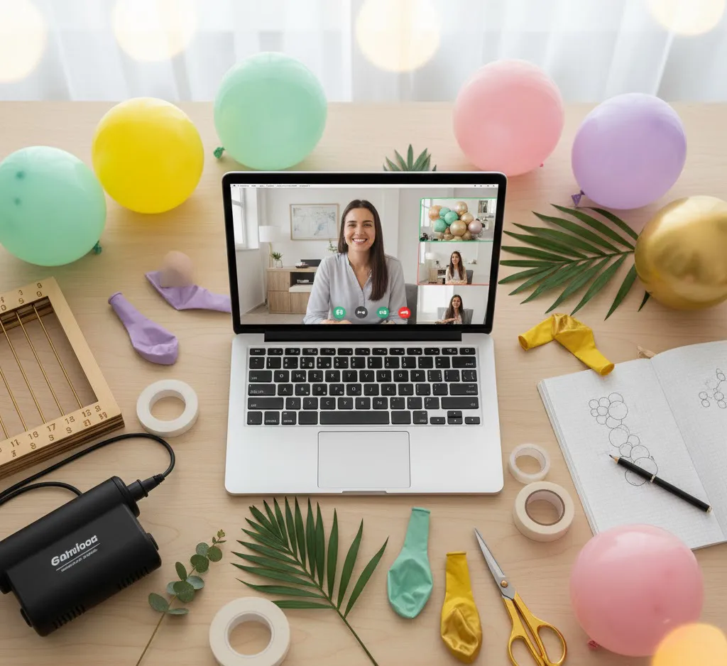 Un escritorio bien organizado con diversas herramientas y materiales para decoración con globos: inflador eléctrico, calibrador, tijeras, cintas, y globos de diferentes colores y tamaños, listo para una sesión de aprendizaje online.