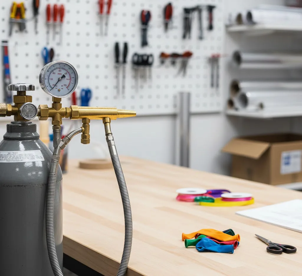 Estación de trabajo profesional con un cilindro de helio metálico, un regulador de presión de alta precisión con manómetro y una boquilla de inflado rápido sobre una mesa de taller organizada.