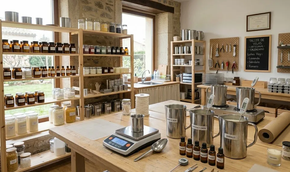 Un taller de velas muy organizado y luminoso, con estanterías llenas de suministros, una balanza digital de precisión, termómetros y jarras de vertido de acero inoxidable, mostrando un entorno de producción profesional.
