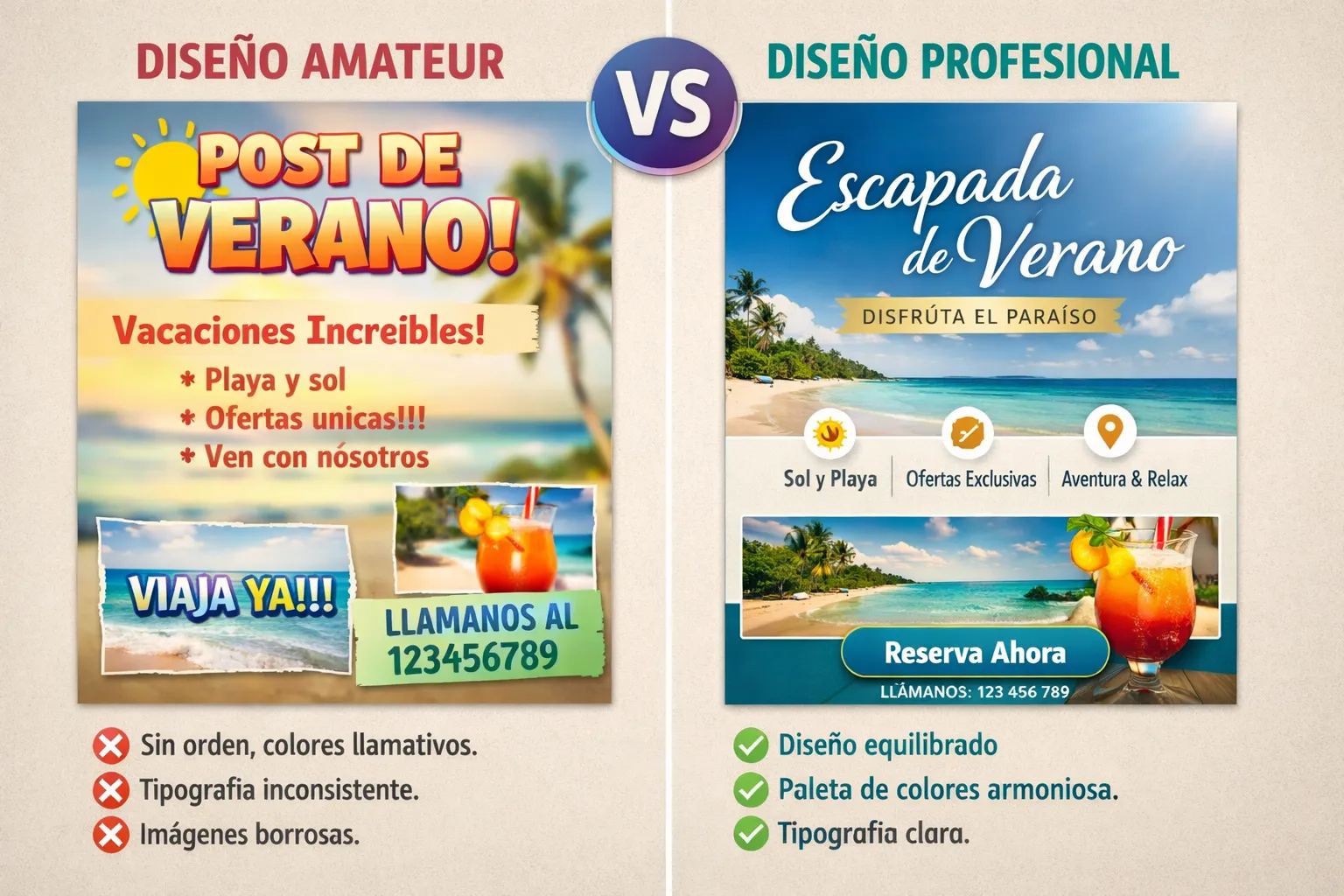 Comparativa visual entre un diseño amateur y un diseño profesional creado en Canva siguiendo fundamentos de diseño.