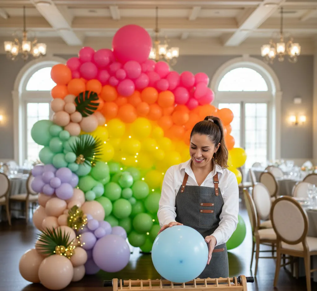 Una experta decoradora trabajando con un medidor de globos de madera en un salón de banquetes, con una imponente estructura de globos orgánica y colorida de fondo bajo lámparas de cristal.