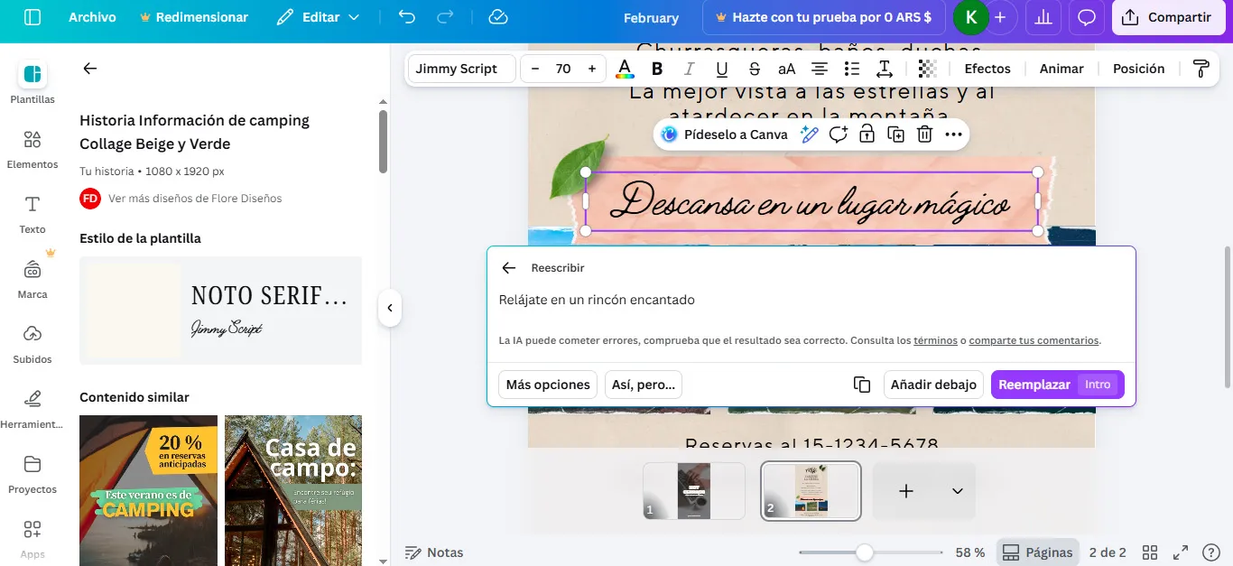  la interfaz mostrando el proceso de edición de texto con IA en Canva.