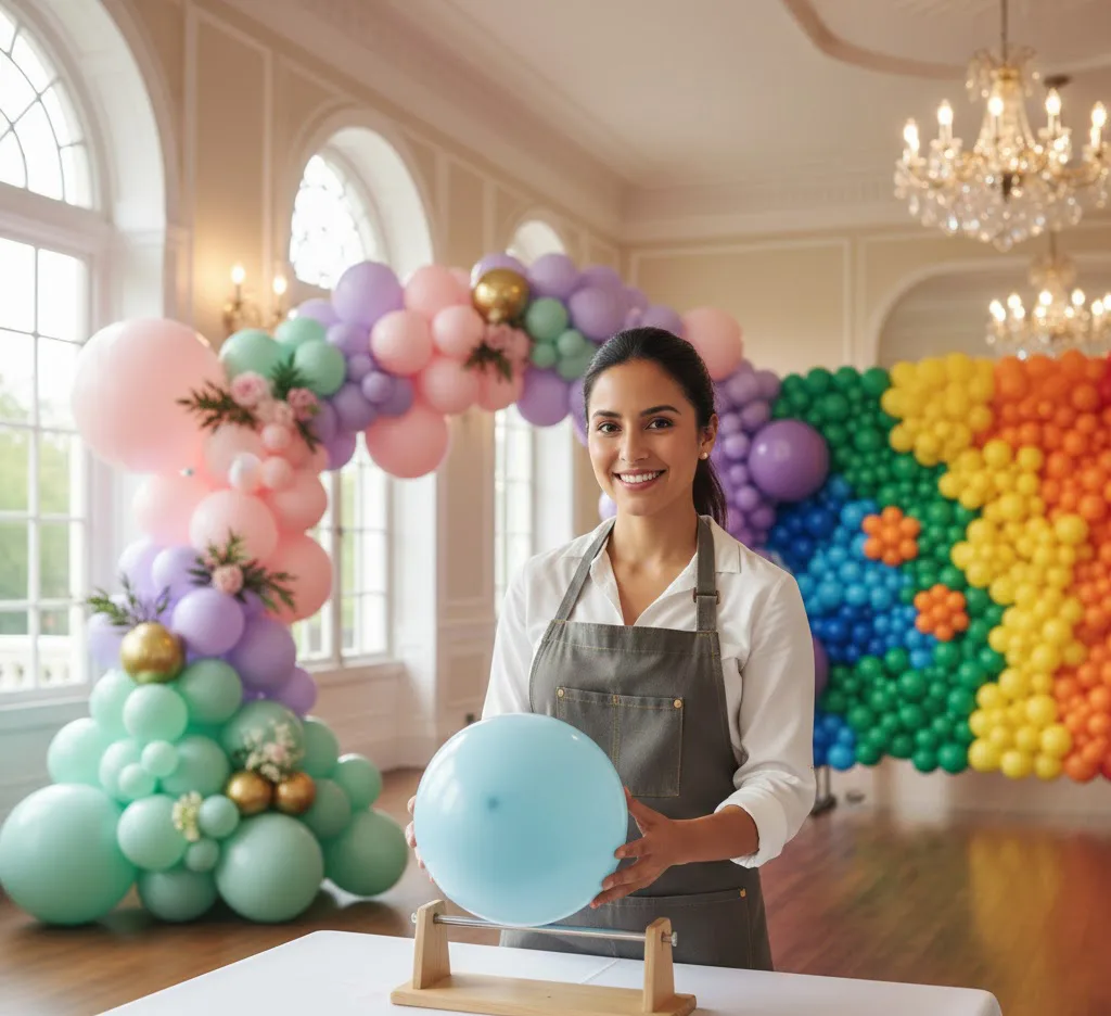 Una decoradora experta sonríe mientras calibra un globo azul en un medidor de madera, con una impresionante guirnalda orgánica y un muro de globos multicolor de fondo en un elegante salón de eventos.