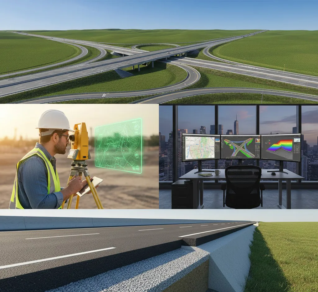 Composición fotorrealista que muestra el flujo de trabajo en Civil 3D: un topógrafo operando una estación total en campo, un espacio de trabajo moderno con múltiples monitores diseñando planos técnicos y una vista tridimensional de una infraestructura vial finalizada.