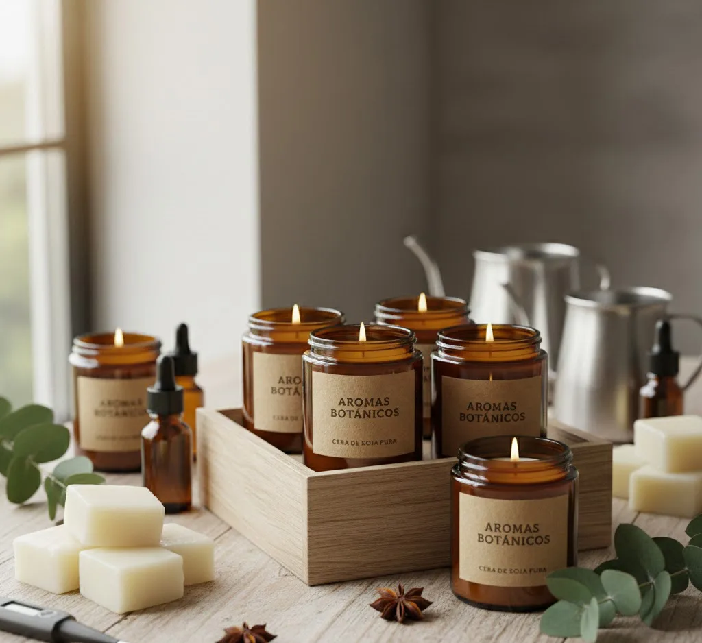 Colección de velas de soja artesanales encendidas en frascos de vidrio ámbar, presentadas en una caja de madera rústica junto a bloques de cera pura, aceites esenciales y un termómetro, creando una composición profesional y estética para un negocio de velas.