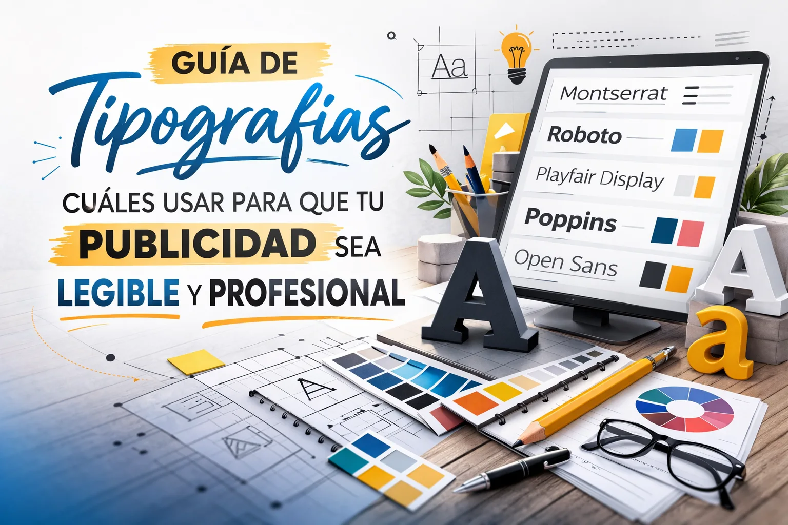 Guía de tipografías para publicidad legible y profesional con ejemplos de fuentes, paleta de colores y elementos de diseño gráfico.
