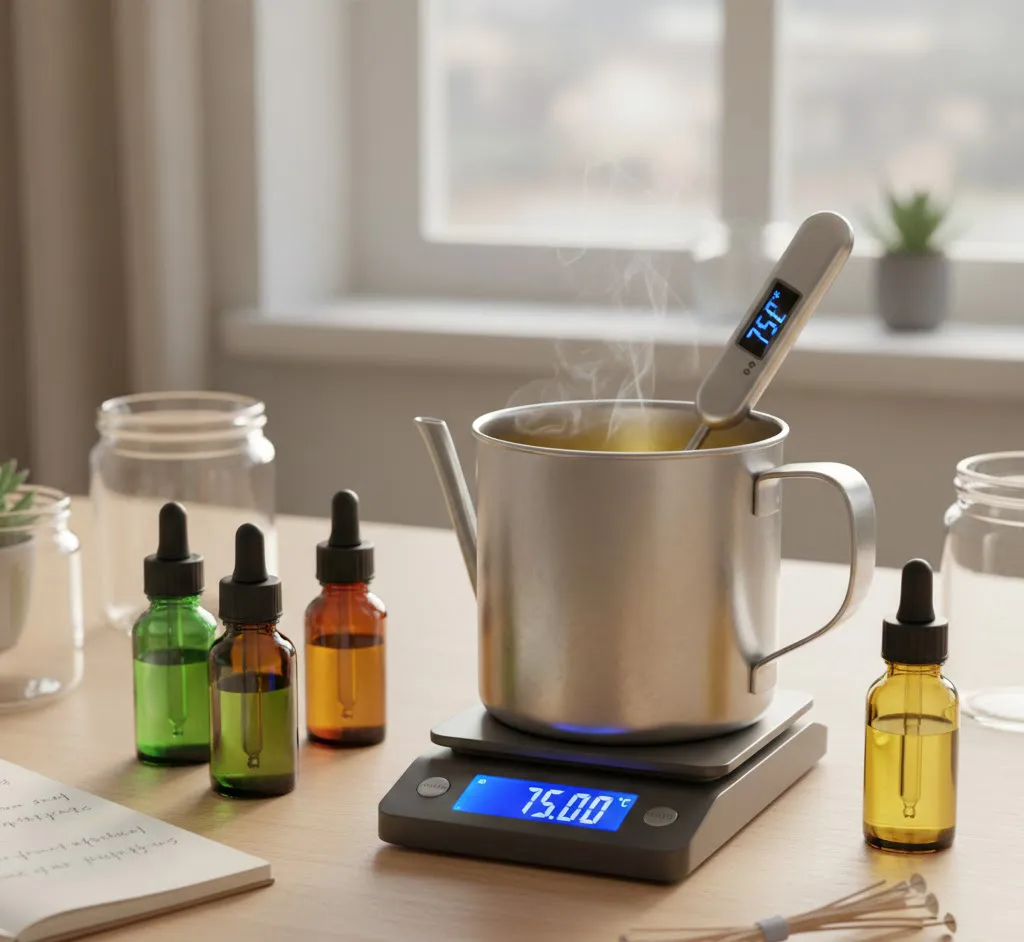 Una estación de trabajo organizada con una báscula digital, un termómetro de varilla marcando 75 grados celsius, una jarra de vertido de acero inoxidable y pequeñas botellas de vidrio oscuro con esencias aromáticas.