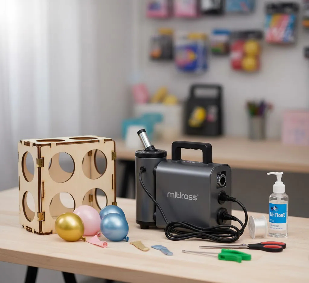 Kit de herramientas básicas para decoración profesional con globos: inflador, calibrador y tamaños de látex.