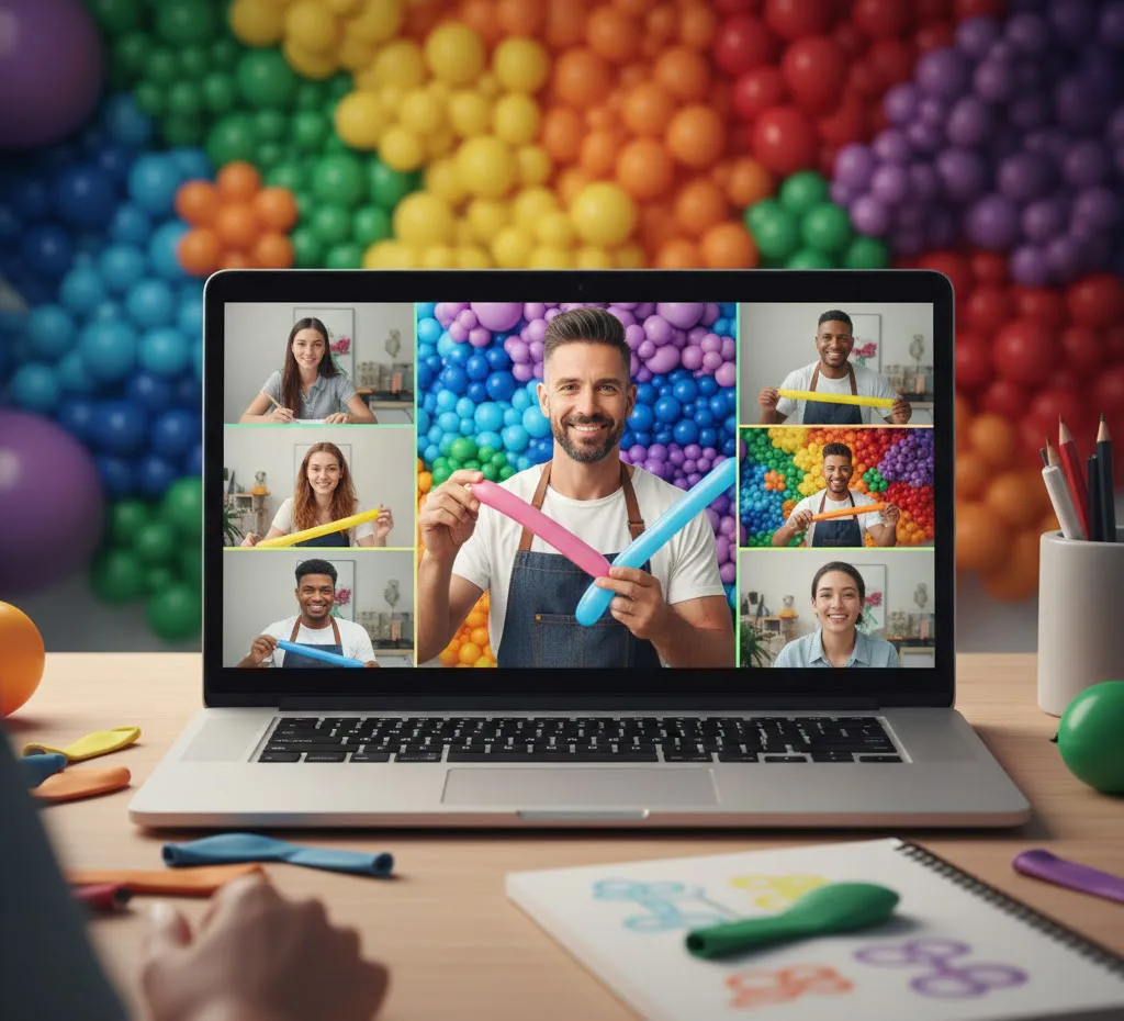Un instructor sonriente y profesional enseñando técnicas de decoración con globos a través de una videollamada, con una pantalla de computadora que muestra a varios estudiantes participando, y un fondo de estudio de globos coloridos.