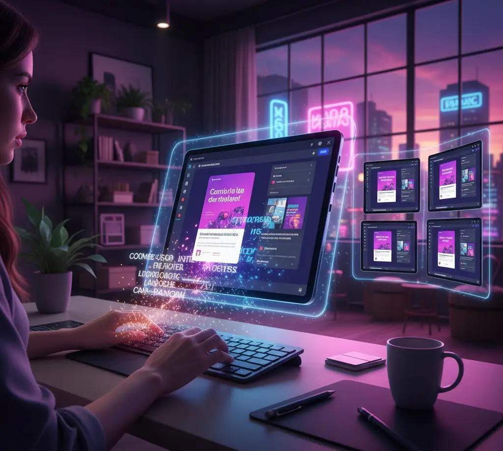 Una diseñadora trabajando en un estudio moderno de noche; sobre su pantalla flotan elementos gráficos brillantes y múltiples variaciones de anuncios publicitarios generados por inteligencia artificial, en una atmósfera de alta tecnología y creatividad digital.