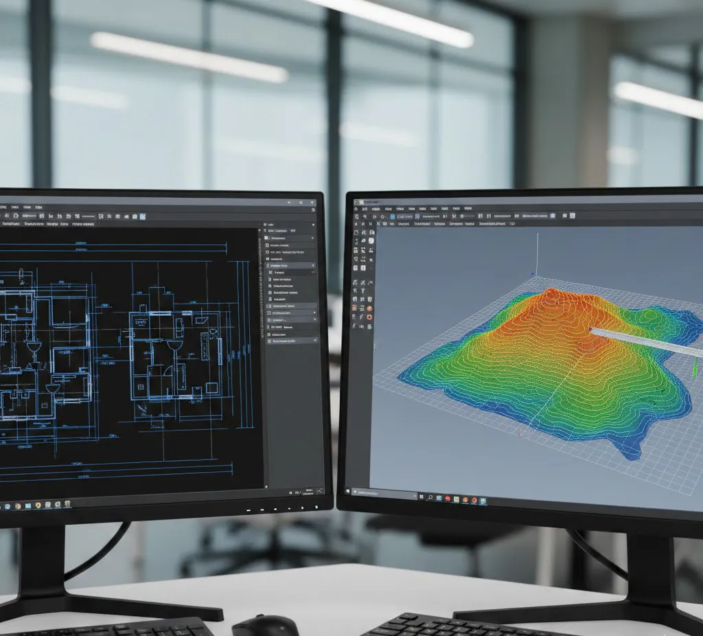 Vista dividida de una pantalla mostrando a la izquierda un plano técnico 2D en AutoCAD y a la derecha un modelo topográfico tridimensional con curvas de nivel dinámicas en Civil 3D