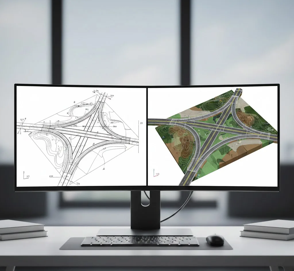 Vista dividida de una pantalla de ordenador mostrando a la izquierda un plano técnico de líneas simples en 2D y a la derecha un modelo tridimensional complejo de una intersección de carretera con curvas de nivel y superficies topográficas