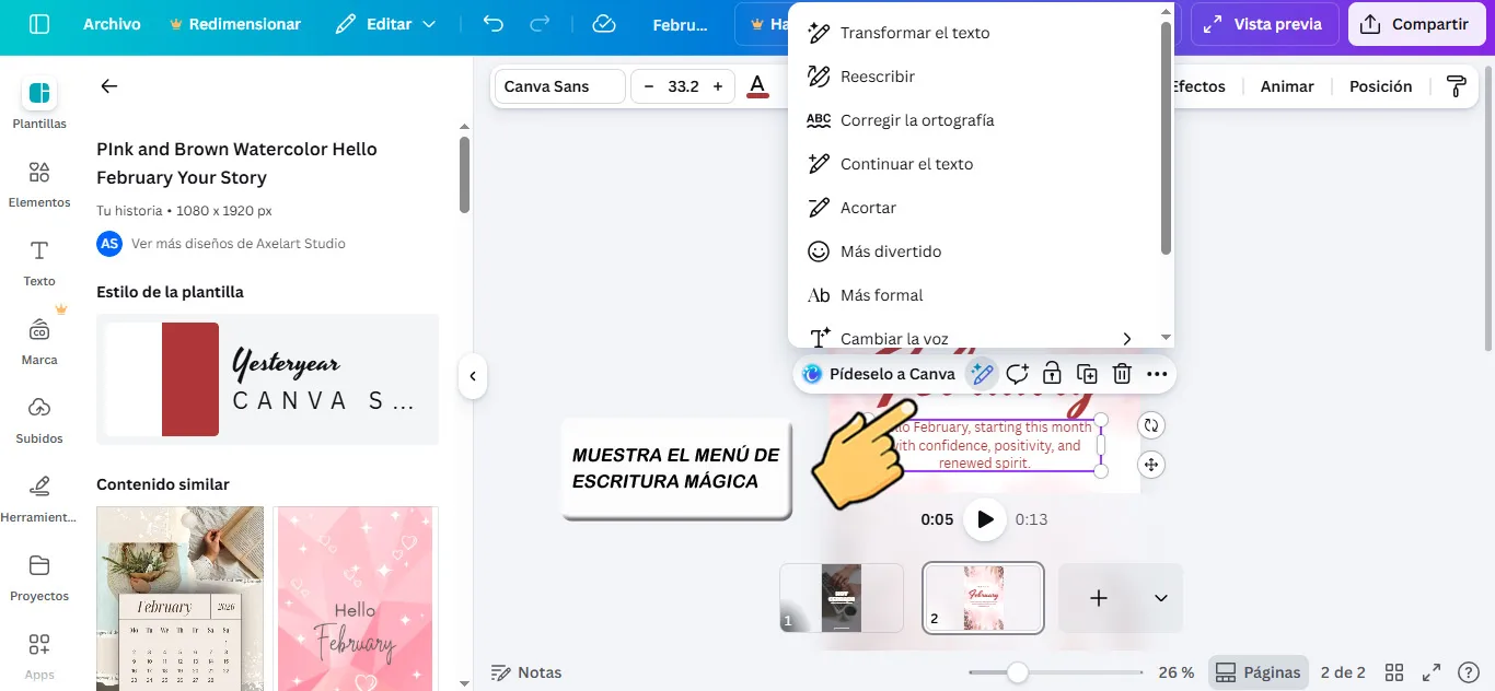 Primer plano de la interfaz de Canva mostrando el menú de Escritura Mágica con distintas opciones.
