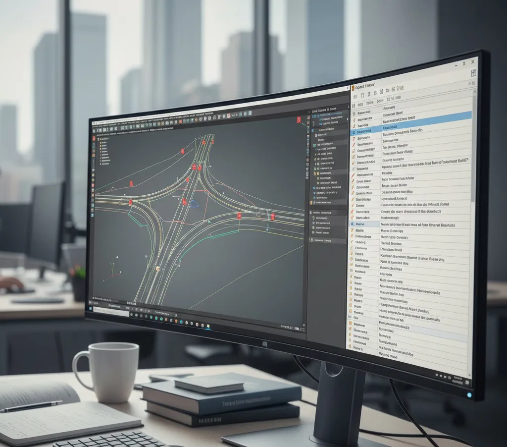 Vista de cerca de un monitor profesional mostrando el visor de eventos y un diseño de intersección vial en Civil 3D sobre un escritorio de oficina.