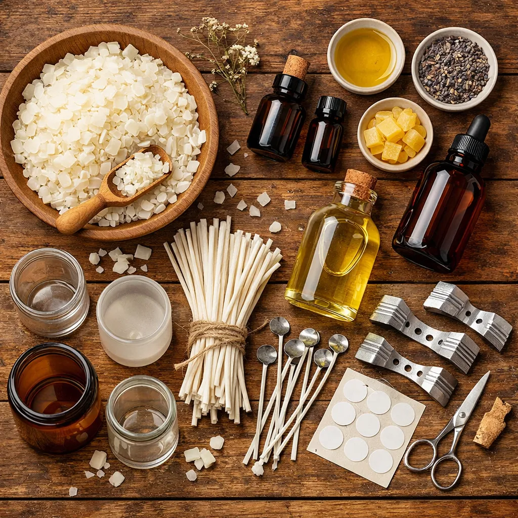 Plano cenital de cera de soja, mechas, aceites y frascos utilizados en la creación de velas artesanales