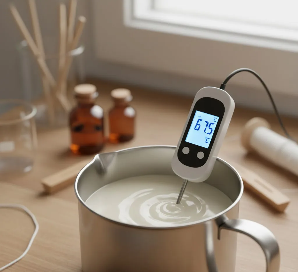 Primer plano de un termómetro digital midiendo la temperatura de la cera de soja derretida en una jarra de vertido, con precisión en los grados mostrados.