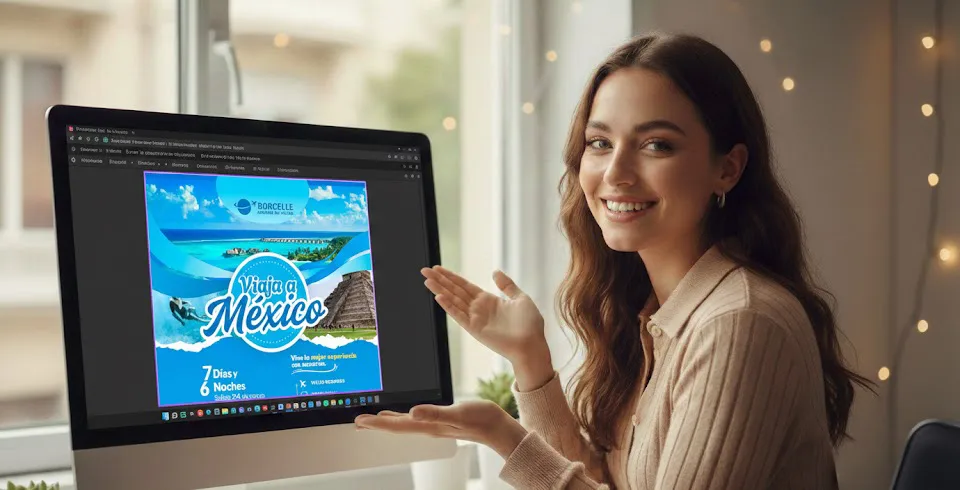 Imagen destacada que muestra a una diseñadora presentando un cartel publicitario de viajes realizado en Canva bajo una metodología profesional.