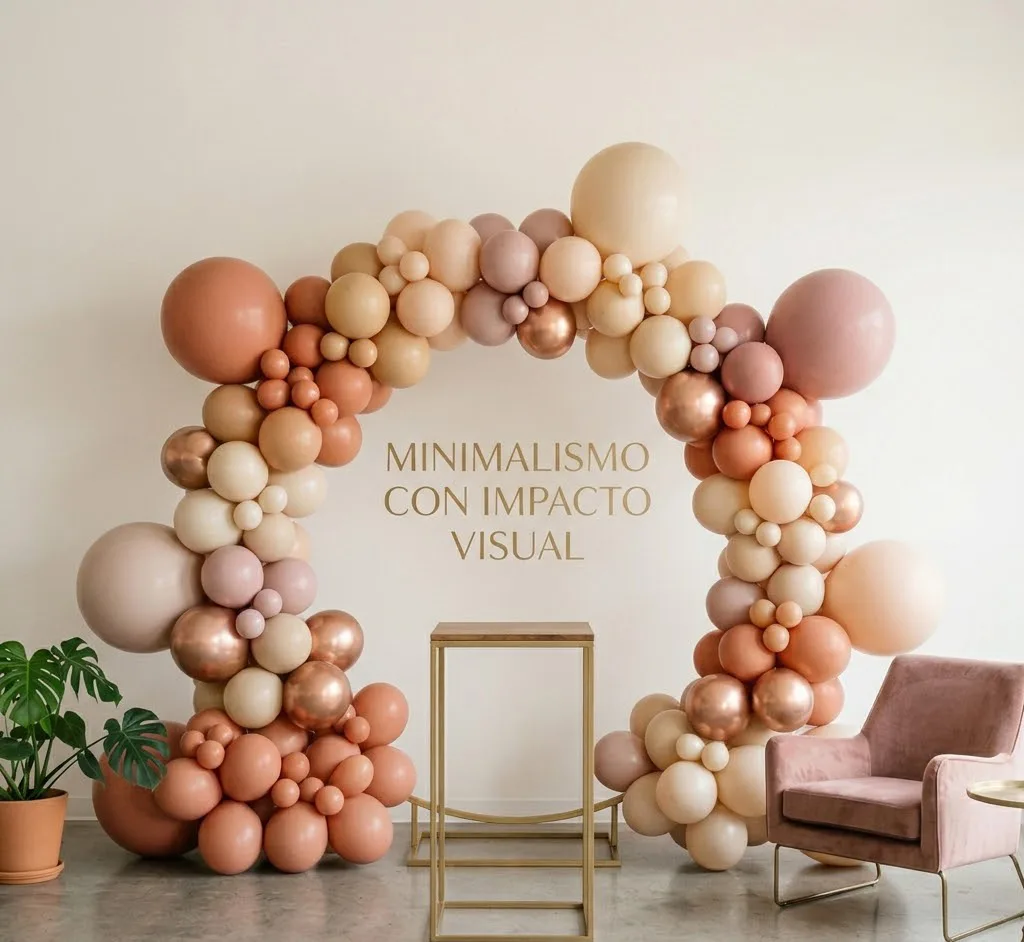 Decoración minimalista con globos tendencia 2026 en tonos tierra y nude formando un arco orgánico profesional.