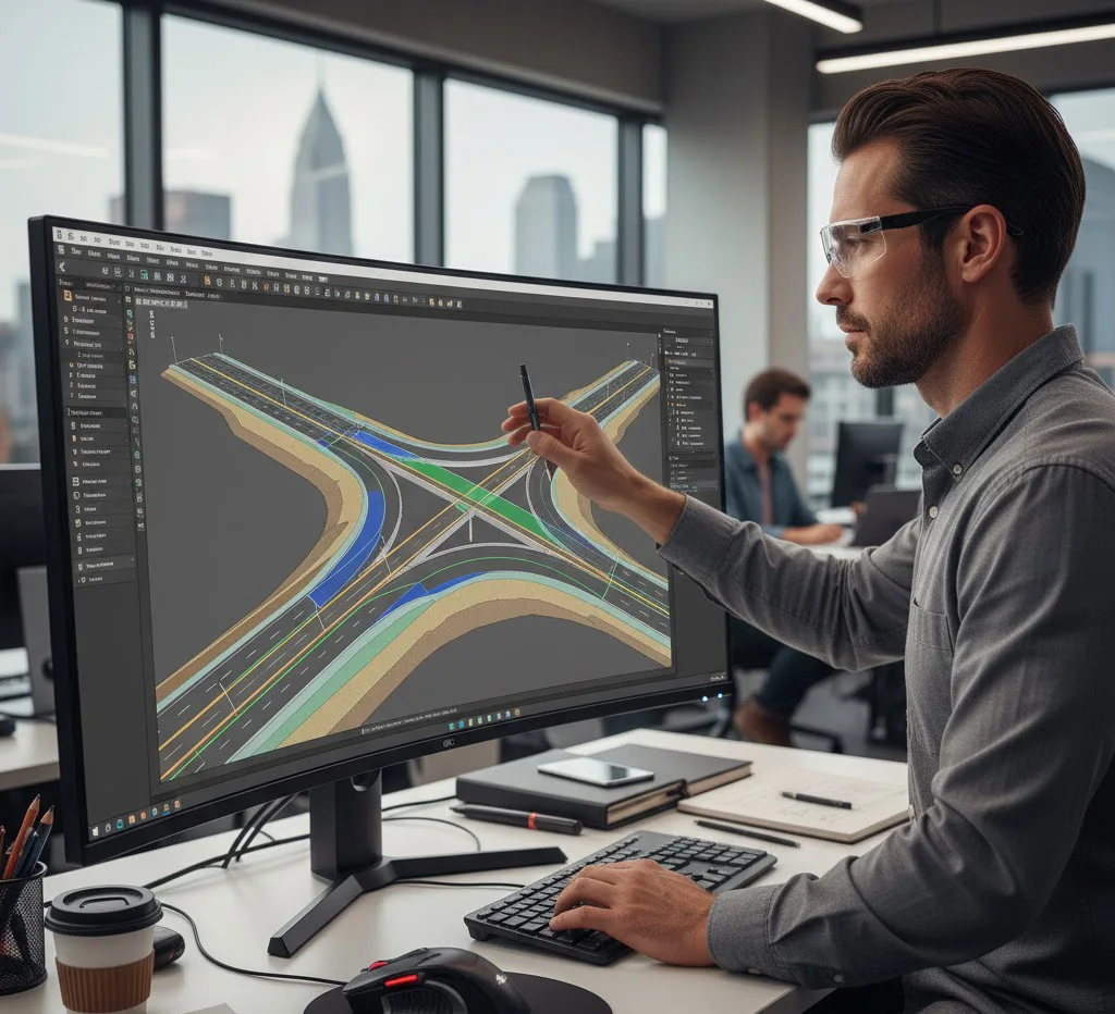 Representación fotorrealista de un ingeniero civil trabajando en una estación de trabajo de alto rendimiento, visualizando un modelo dinámico de una carretera con sus capas de pavimento en Civil 3D.