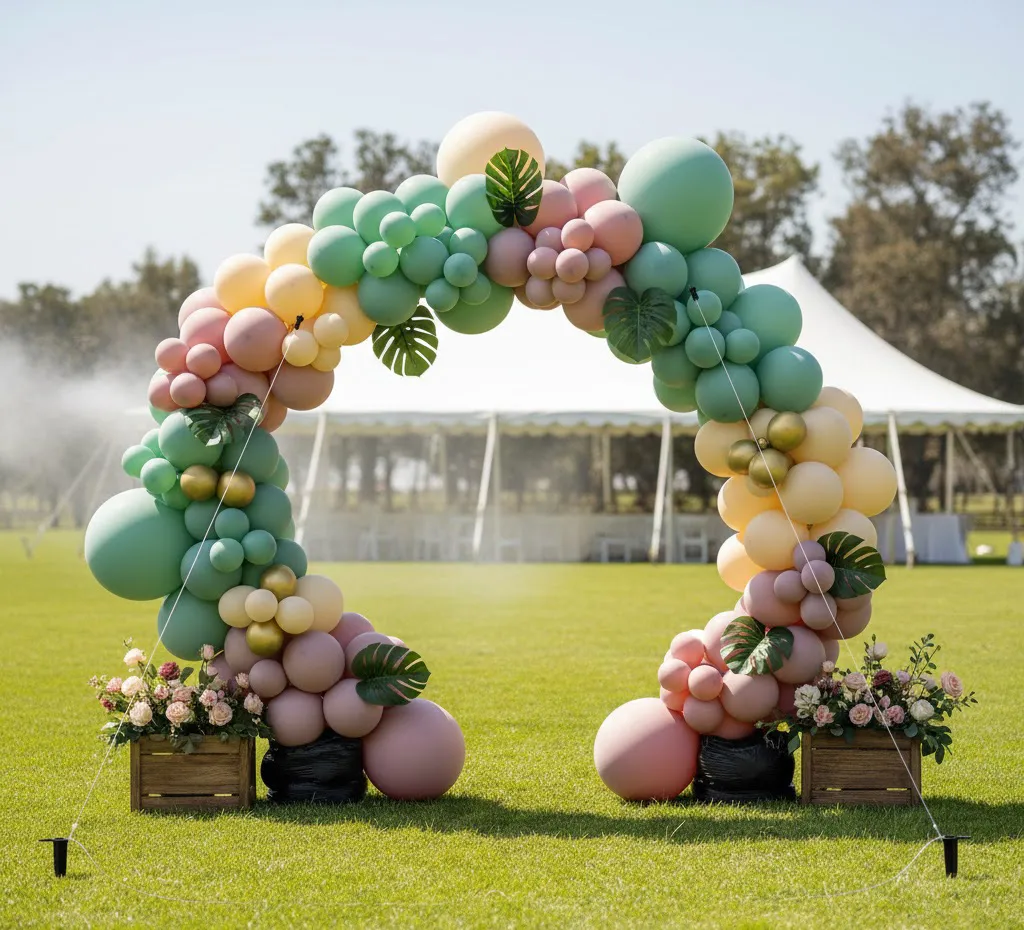 Esquema de montaje de arco orgánico con fijación de seguridad para eventos.