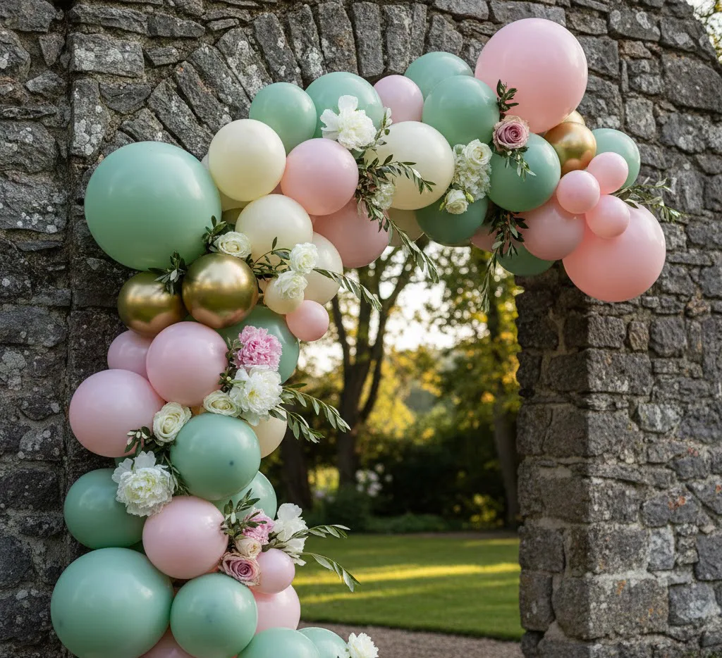 Una guirnalda de globos orgánica montada en una entrada de jardín de piedra, integrándose con follaje natural y flores, mostrando la resistencia y estética del látex profesional.
