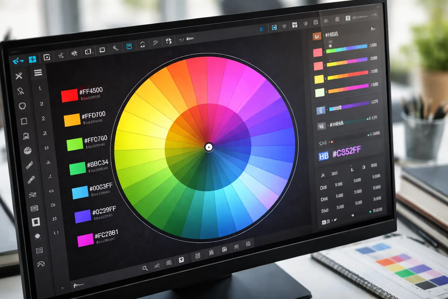 Primer plano de una pantalla de alta resolución mostrando un círculo cromático técnico y muestras de códigos hexadecimales, con herramientas de diseño digital en un entorno de oficina profesional.