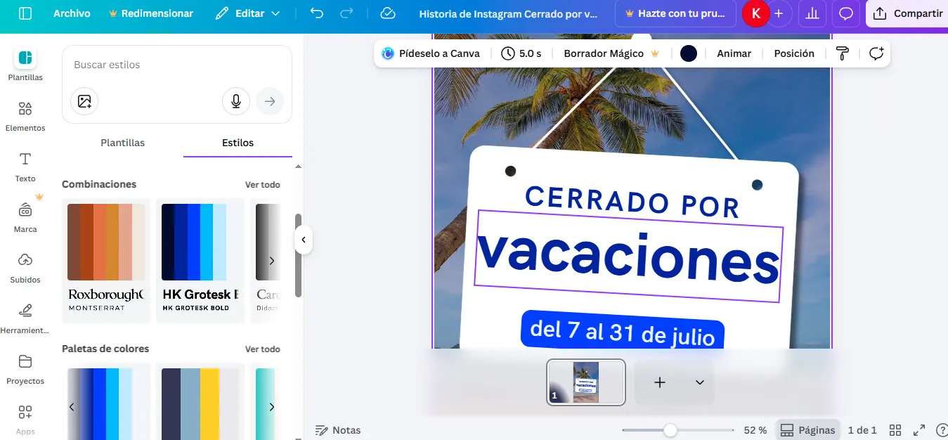 muestras de colores y la herramienta de Estilos de Canva aplicada a una publicidad logrando un equilibrio perfecto entre tonos y fuentes.