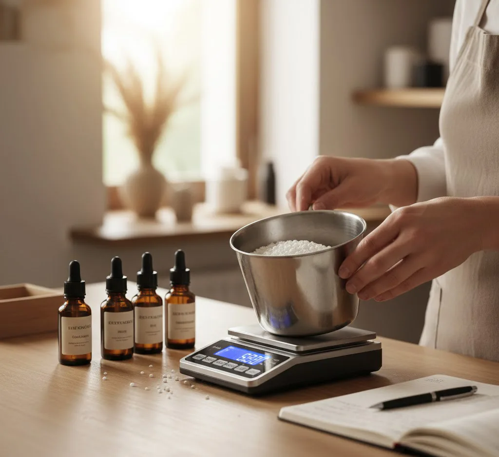 Un artesano utilizando una báscula digital de alta precisión para pesar perlas de cera de soja en un recipiente de acero, con frascos de aceites esenciales y un cuaderno de notas al lado sobre una mesa de trabajo organizada.