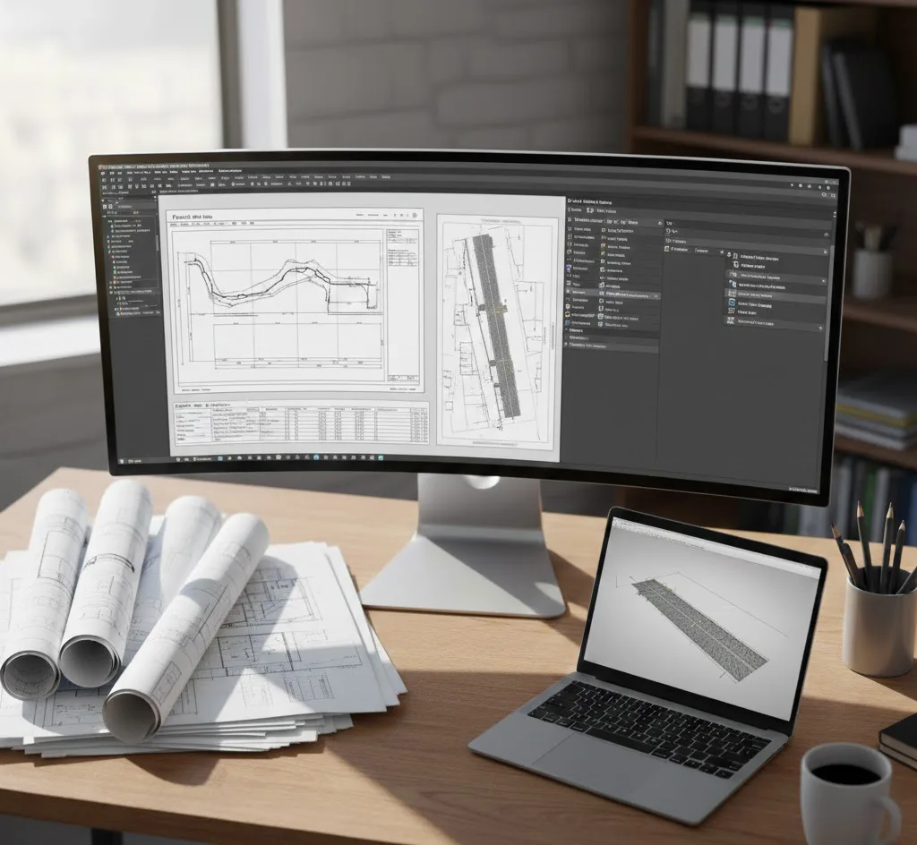 Composición técnica de planos de perfil y planta generados automáticamente en Civil 3D listos para impresión profesional.