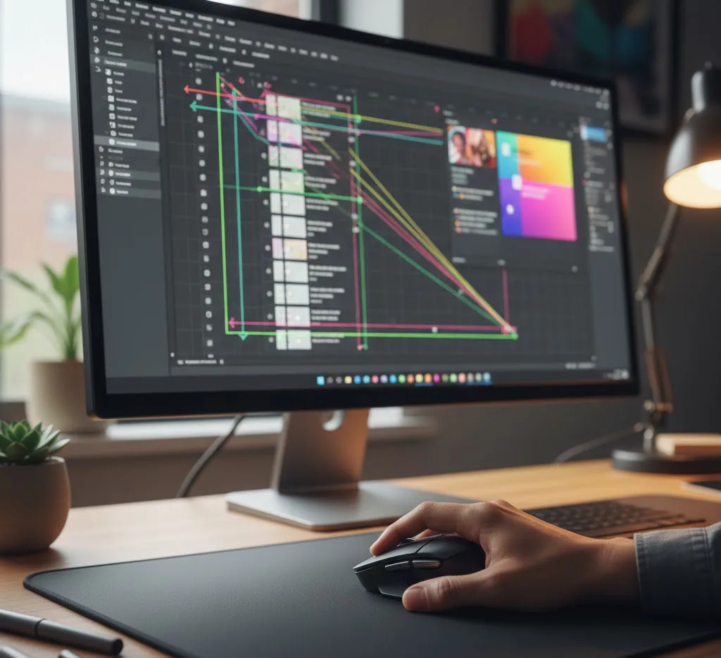 Una mano utilizando un mouse de precisión sobre una alfombrilla profesional, mientras en la pantalla se observa un flujo de trabajo complejo con múltiples capas y guías de alineación en un software de diseño.
