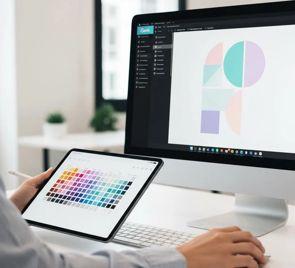 Primer plano de unas manos utilizando una tableta y una computadora para ajustar una paleta de colores en un diseño de Canva, mostrando el enfoque práctico de la metodología.