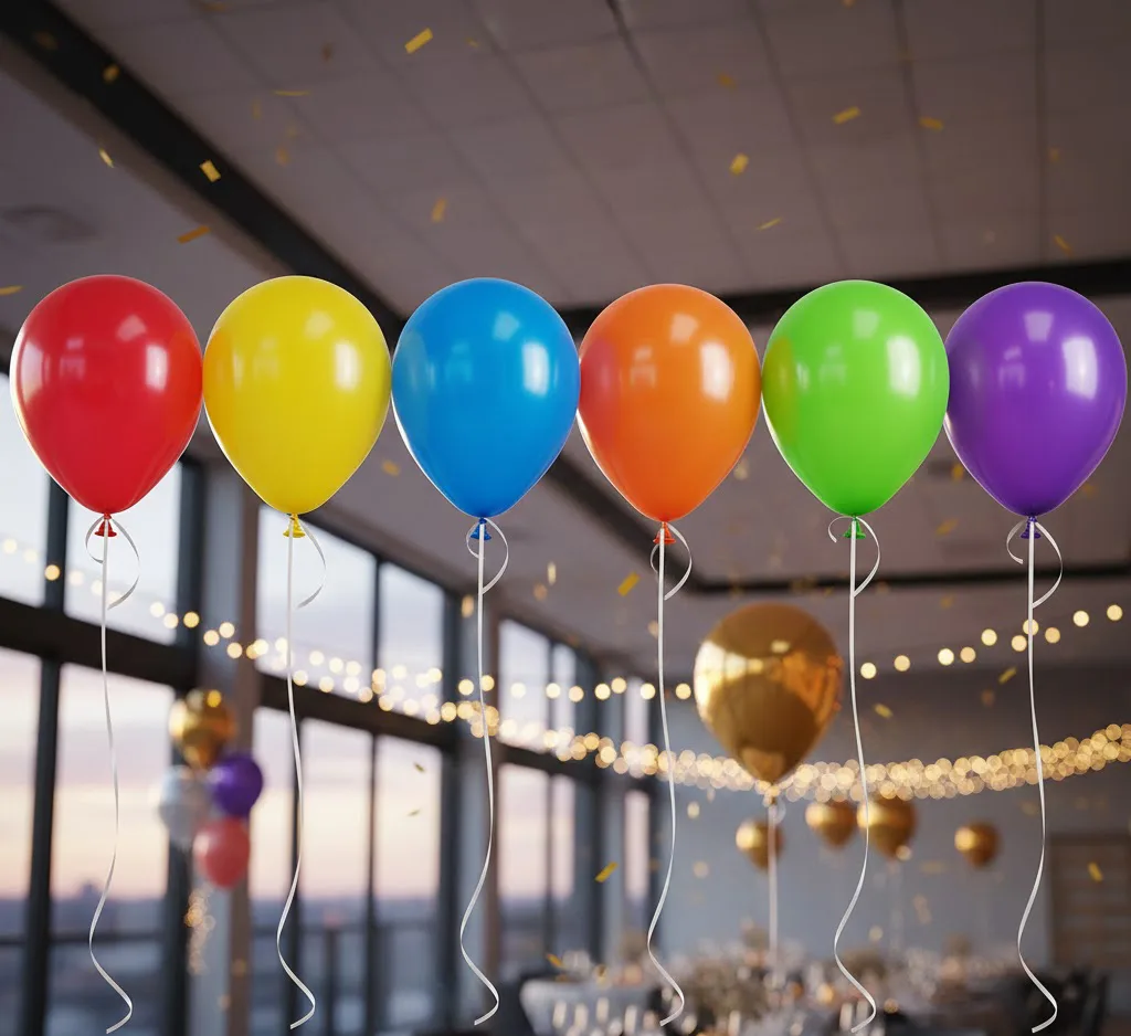 Fila de globos de látex en tonos vivos perfectamente inflados y alineados, con cintas delgadas, flotando uniformemente en un ambiente controlado de interior con luz suave
