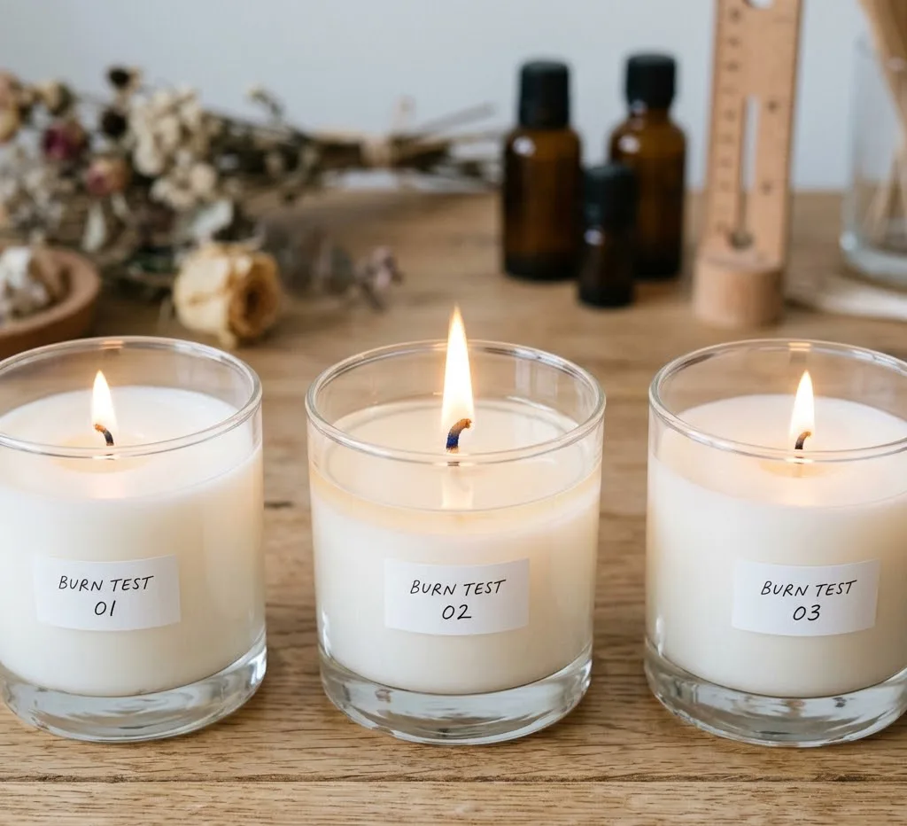 Tres velas blancas en frascos de vidrio transparente con etiquetas de "Burn Test" (Prueba de quemado) 01, 02 y 03, mostrando llamas estables y piscinas de cera líquida uniformes sobre una mesa de madera de trabajo.