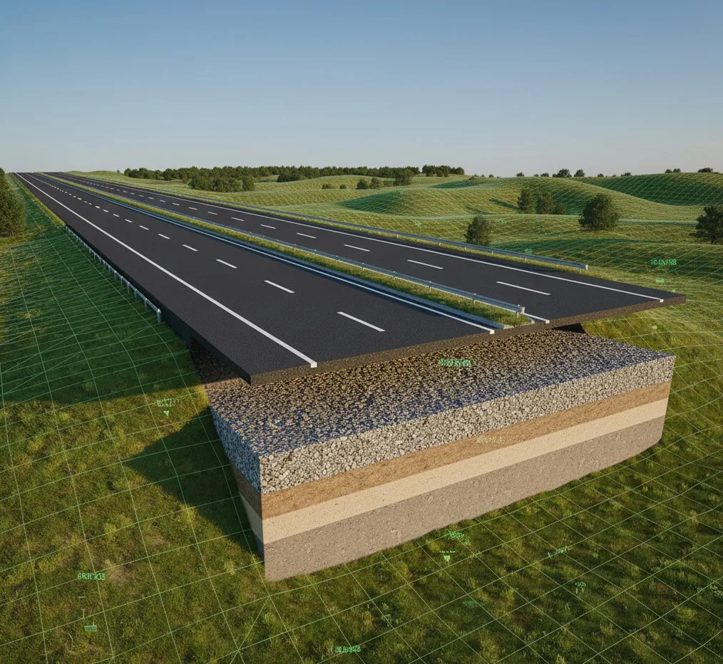 Representación tridimensional de una sección transversal de carretera mostrando capas de pavimento, subbase y taludes laterales integrándose en un terreno digital.