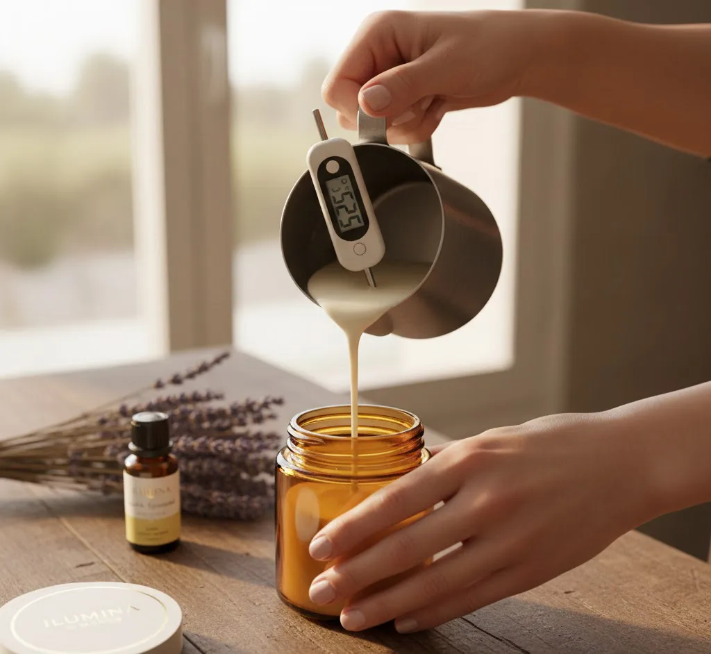 Manos de artesana vertiendo cera de soja líquida a 52 grados en un frasco de vidrio ámbar, usando un termómetro digital de precisión.