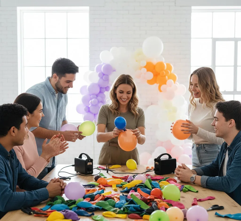 Un grupo de estudiantes sonrientes en un taller presencial de decoración con globos, observando atentamente a una instructora que demuestra una técnica de atado, con mesas llenas de globos de colores y herramientas.