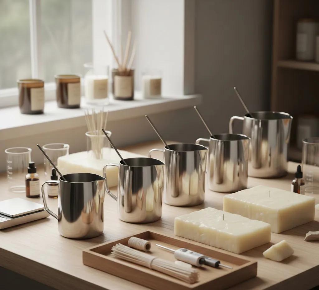 Un espacio de trabajo limpio y profesional para la fabricación de velas, mostrando jarras de vertido de acero inoxidable, termómetros digitales y bloques de cera de soja natural sobre una mesa de madera clara.