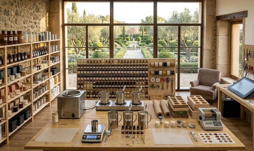 Taller de velas artesanal de alta gama, con estaciones de trabajo organizadas, suministros premium en estanterías de madera y grandes ventanales con vistas a un jardín, representando un negocio de velas exitoso y escalable.