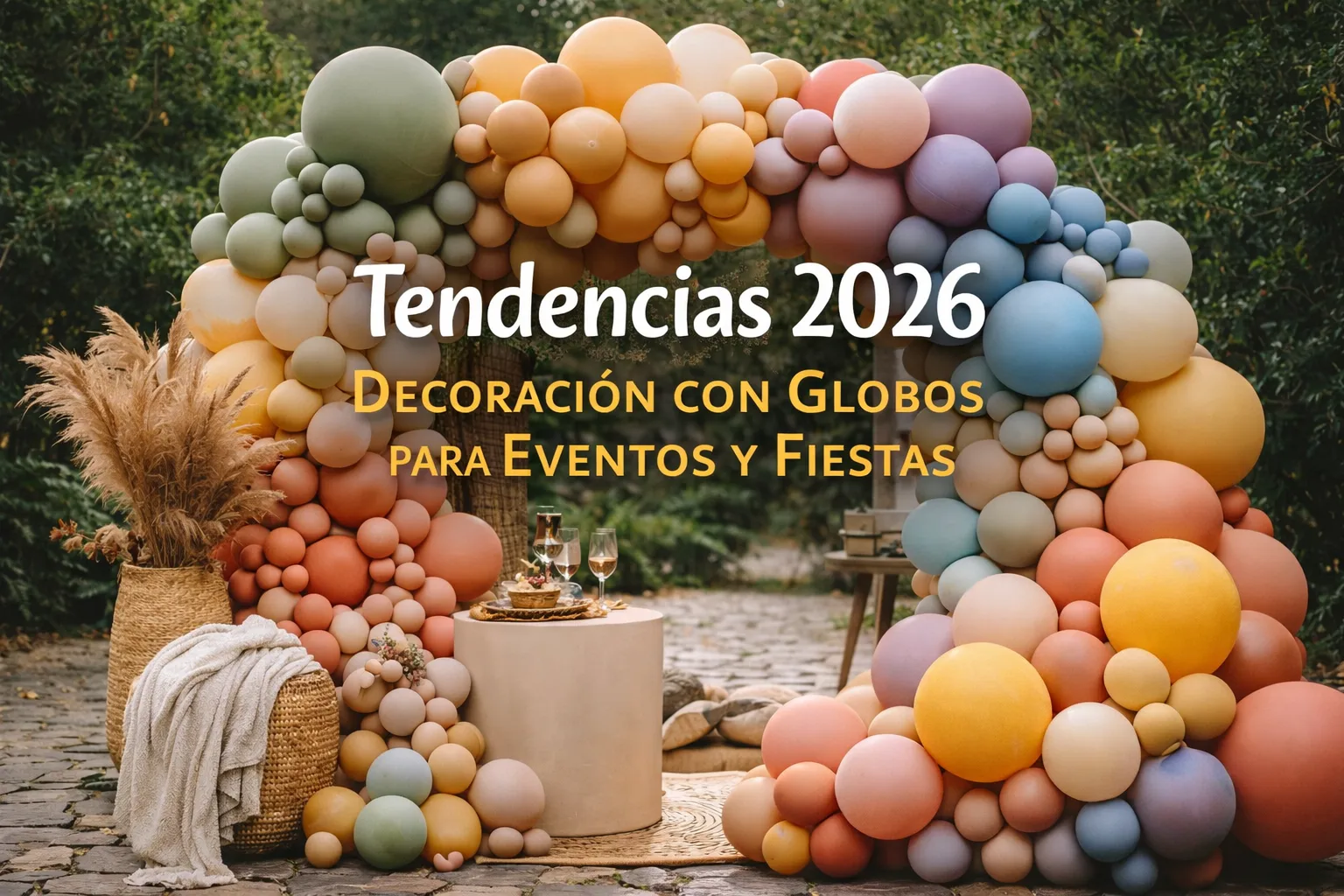 Decoración moderna con globos en colores tendencia 2026, mostrando un arco orgánico para eventos y fiestas con paletas naturales y acabado mate.