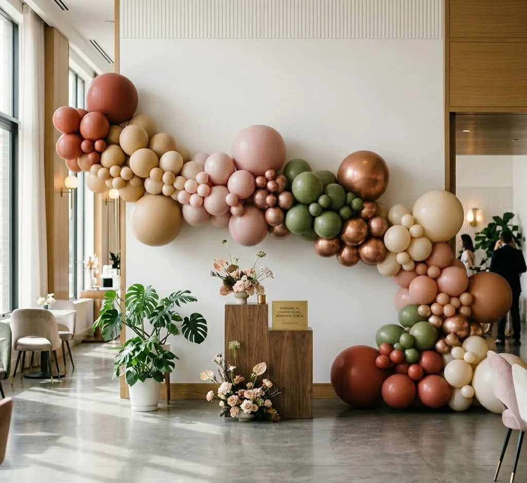 Una instalación de globos profesional y elegante que combina una paleta de colores sofisticada con la iluminación y el entorno, ilustrando la tendencia de armonía visual.